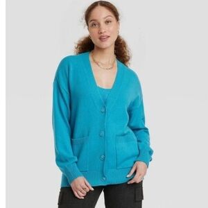 Target A New Day Women's Vibrant Blue Button Front Boyfriend Cardigan Pockets